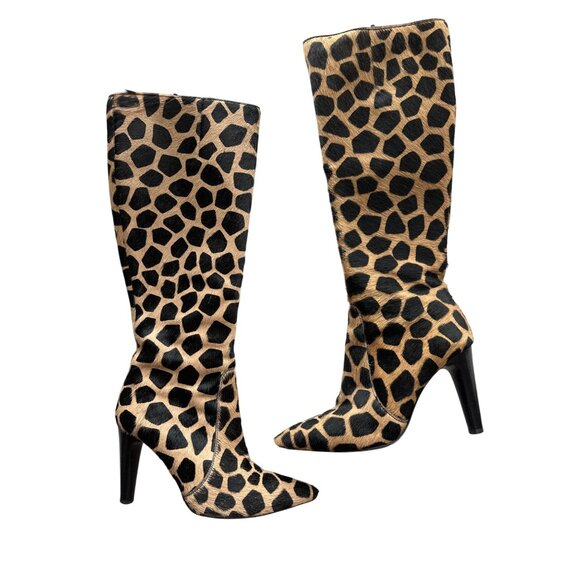 Via Spiga Boots Calf Hair Leopard Print Knee-High 3.75” Heel Side Zipper Size 7 - Picture 1 of 11